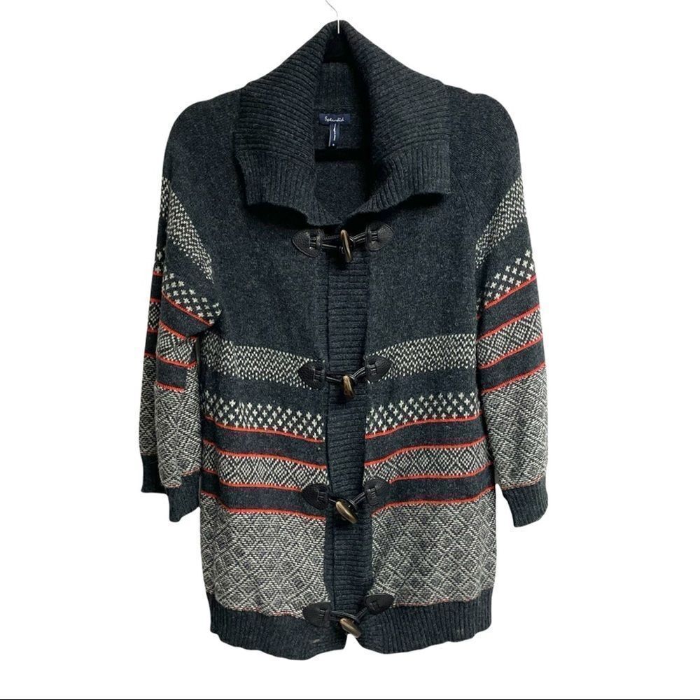 Splendid Nordic Fair Isle Cardigan Sweater Grey Red Medium